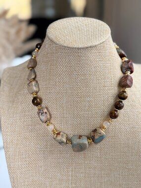 Pietersite Style Natural Stone Necklace Earth Tone Asymmetrical Jewelry